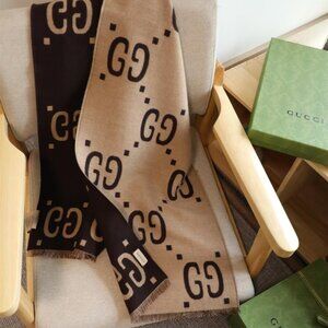 GUCCI Brown Beige Jacquard Wool Silk Monogram Jumbo GG Freedom Scarf Shawl